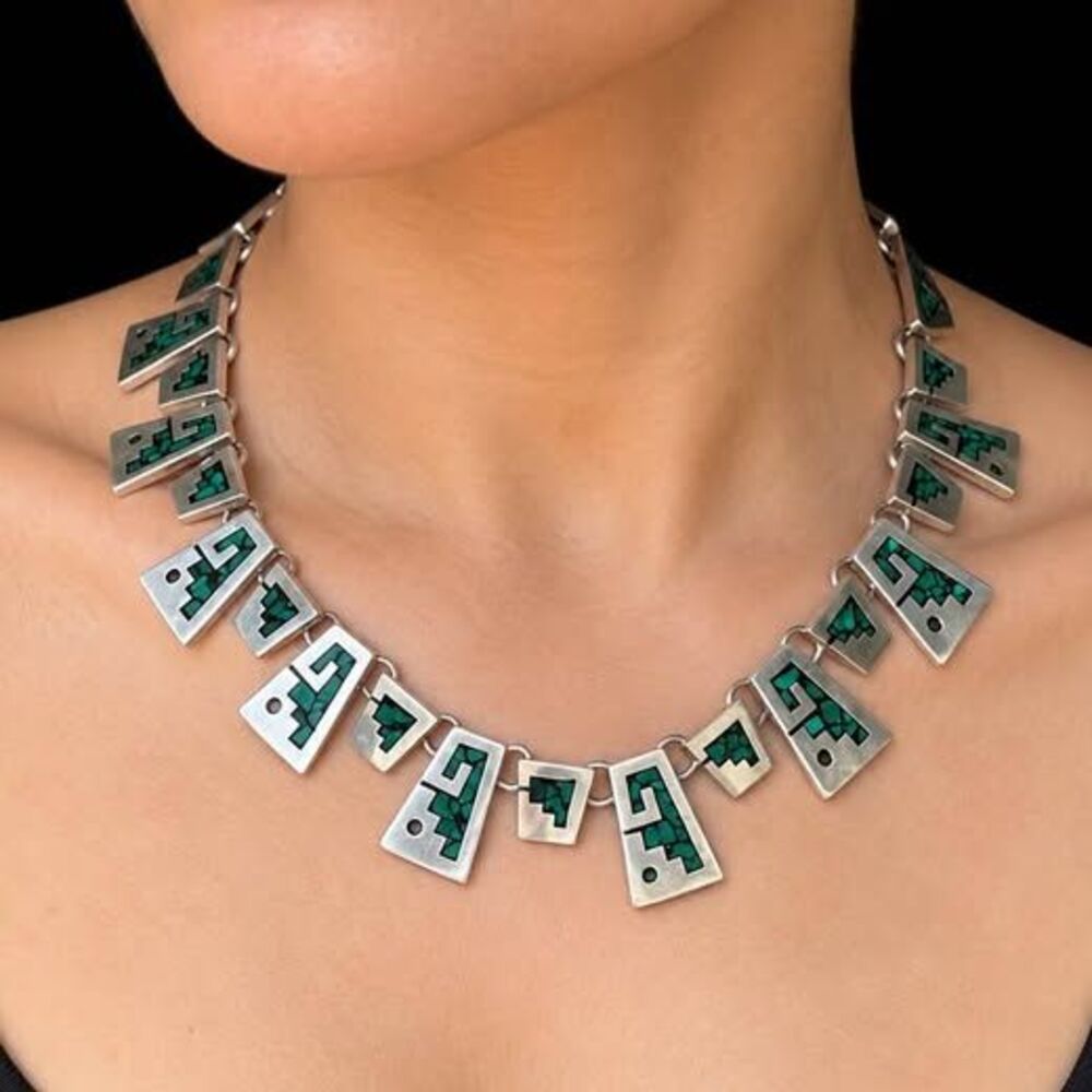 Mexico Sterling Silver Turquoise Chip Inlay Statement Necklace — 17.5”